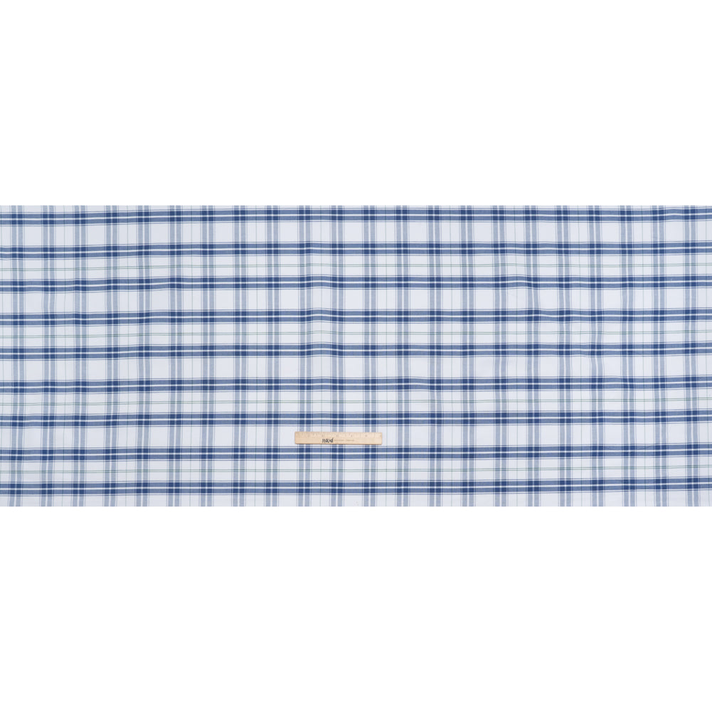 Cotton Oxford Shirting - Classic Blue, White and Leaf Green Plaid - Deadstock