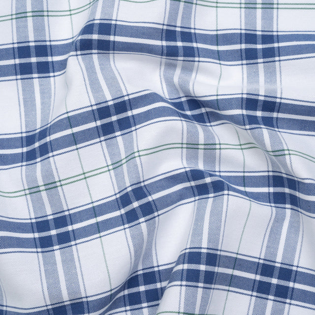 Cotton Oxford Shirting - Classic Blue, White and Leaf Green Plaid - Deadstock