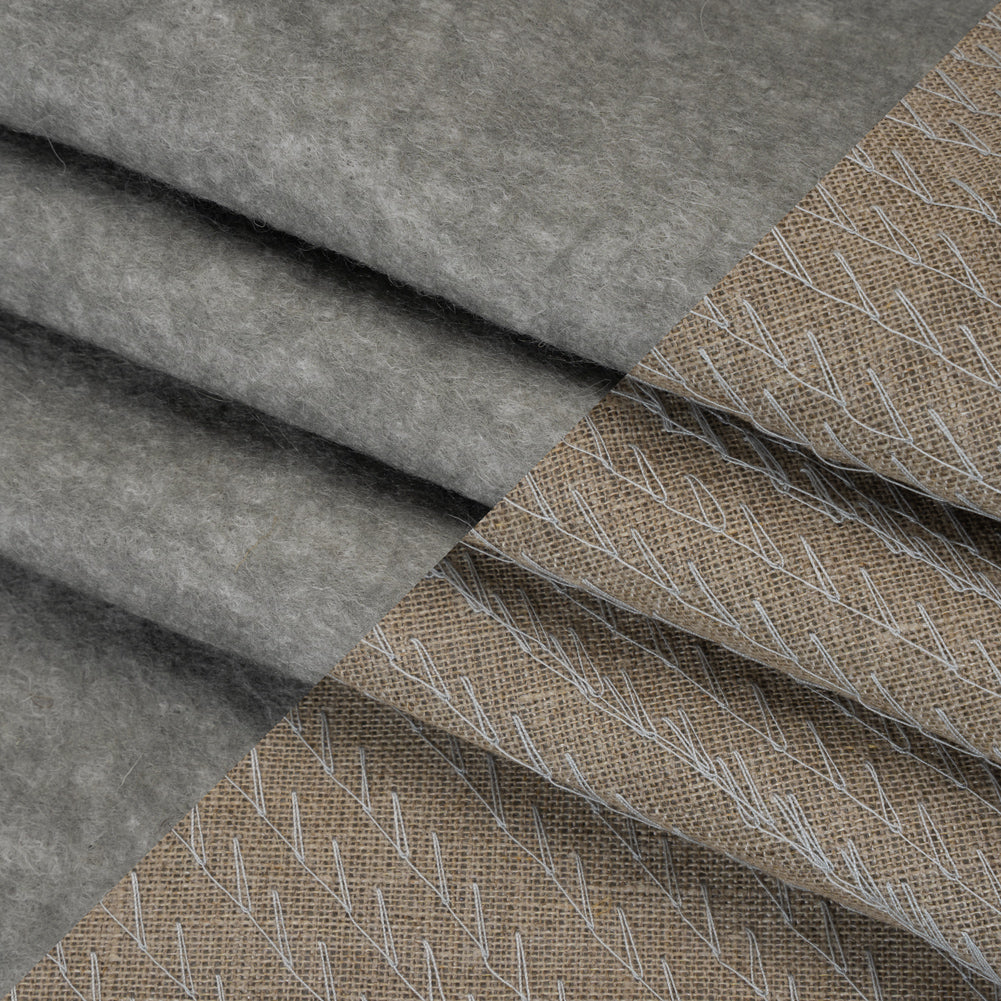 Wool Felt with Stitched Linen Burlap Backing - Heathered Gray and Oatmeal - Deadstock