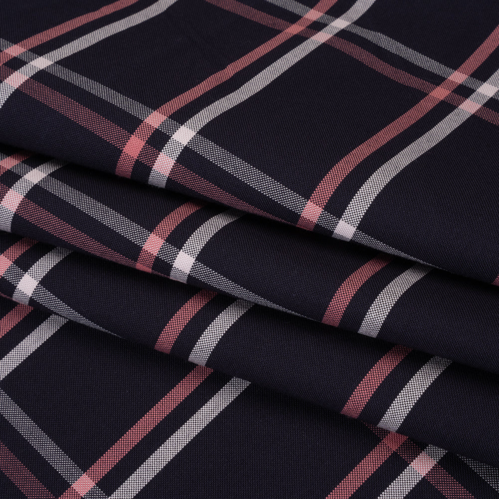 Cotton Oxford Shirting - Dark Navy, Rose Pink and White Windowpane Plaid - Deadstock