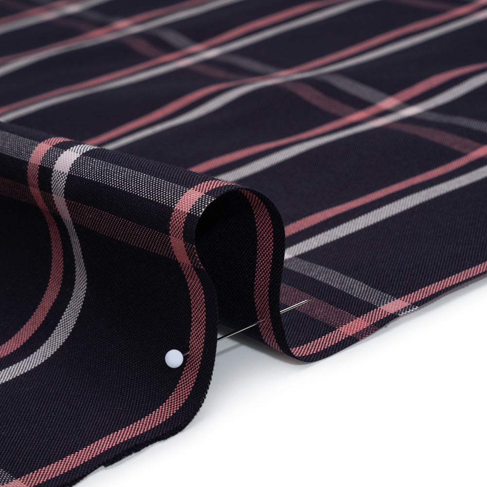 Cotton Oxford Shirting - Dark Navy, Rose Pink and White Windowpane Plaid - Deadstock