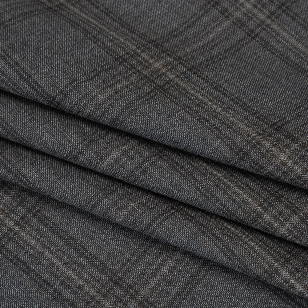 Wool Suiting Made in Italy - Gray, Charcoal and Brown Plaid - Deadstock