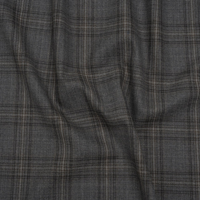 Wool Suiting Made in Italy - Gray, Charcoal and Brown Plaid - Deadstock