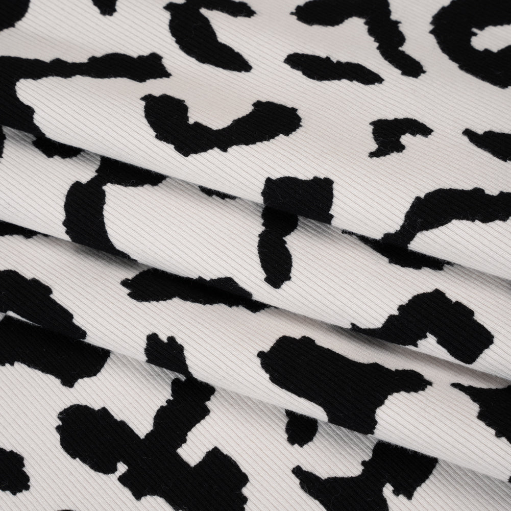 Stretch Cotton 2x2 Rib Knit Print - Black and White Big Leopard Spots - Deadstock