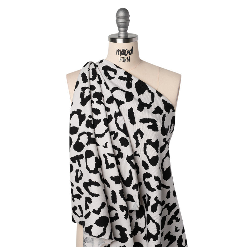Stretch Cotton 2x2 Rib Knit Print - Black and White Big Leopard Spots - Deadstock