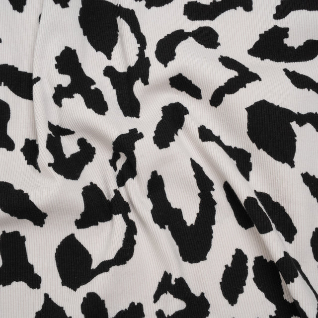 Stretch Cotton 2x2 Rib Knit Print - Black and White Big Leopard Spots - Deadstock