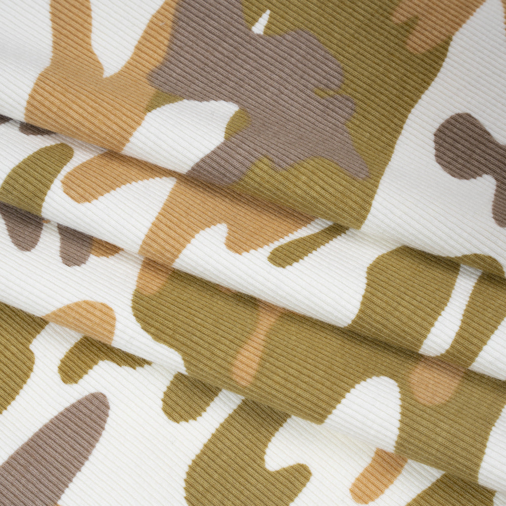 Stretch Cotton 2x2 Rib Knit Print - Cream, Beige and Olive Camouflage - Deadstock