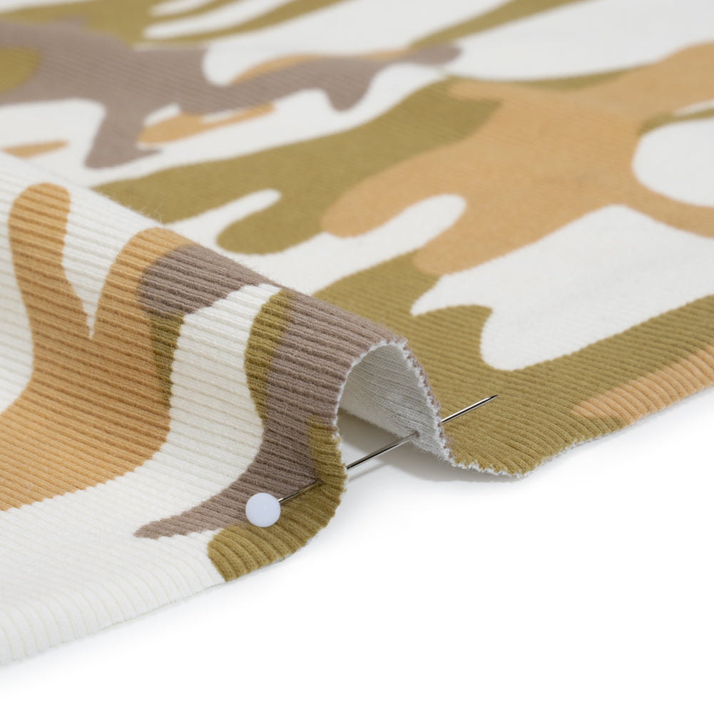 Stretch Cotton 2x2 Rib Knit Print - Cream, Beige and Olive Camouflage - Deadstock