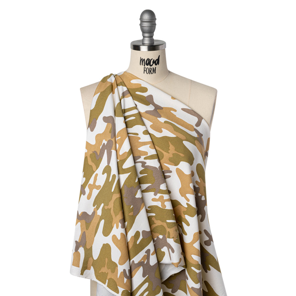 Stretch Cotton 2x2 Rib Knit Print - Cream, Beige and Olive Camouflage - Deadstock