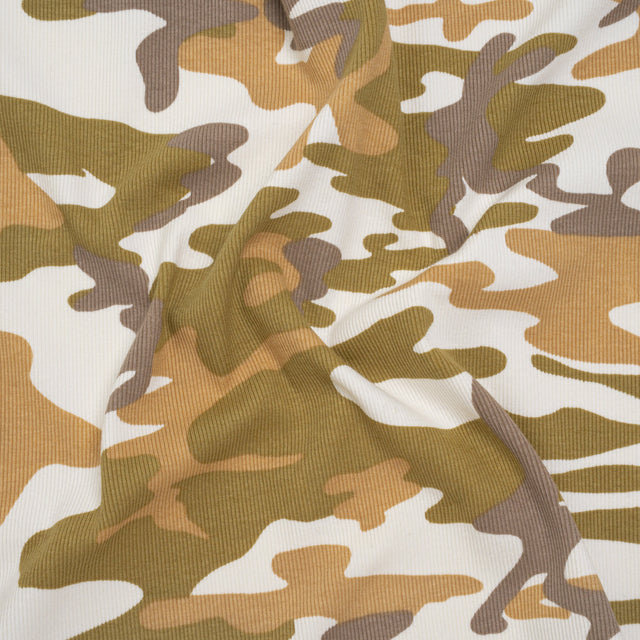 Stretch Cotton 2x2 Rib Knit Print - Cream, Beige and Olive Camouflage - Deadstock