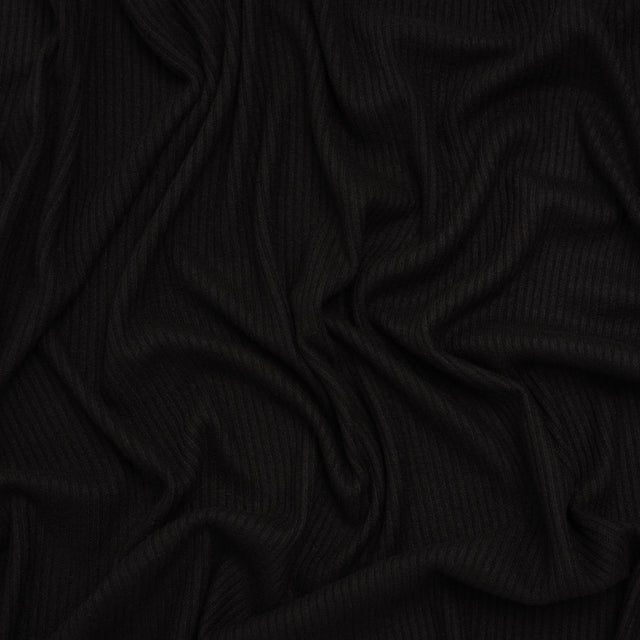 Brushed Cozy Stretch Viscose 2x2 Rib Knit - Black - Deadstock