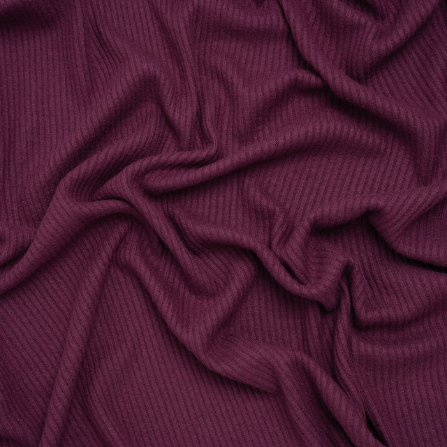 Brushed Cozy Stretch Viscose 2x2 Rib Knit - Plum - Deadstock