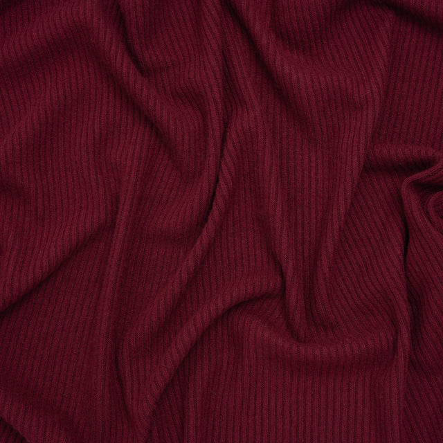 Brushed Cozy Stretch Viscose 2x2 Rib Knit - Wine - Deadstock
