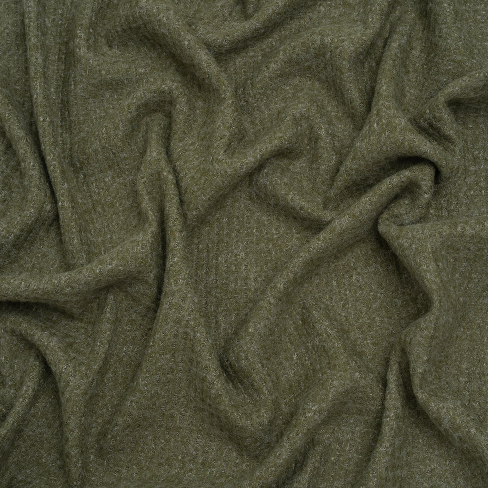 Brushed Stretch Rayon and Polyester Waffle Sweater Knit - Heathered Moss Green - Deadstock