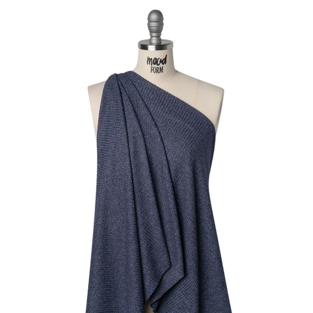 Brushed Stretch Rayon and Polyester Waffle Sweater Knit - Heathered Navy Blue - Deadstock