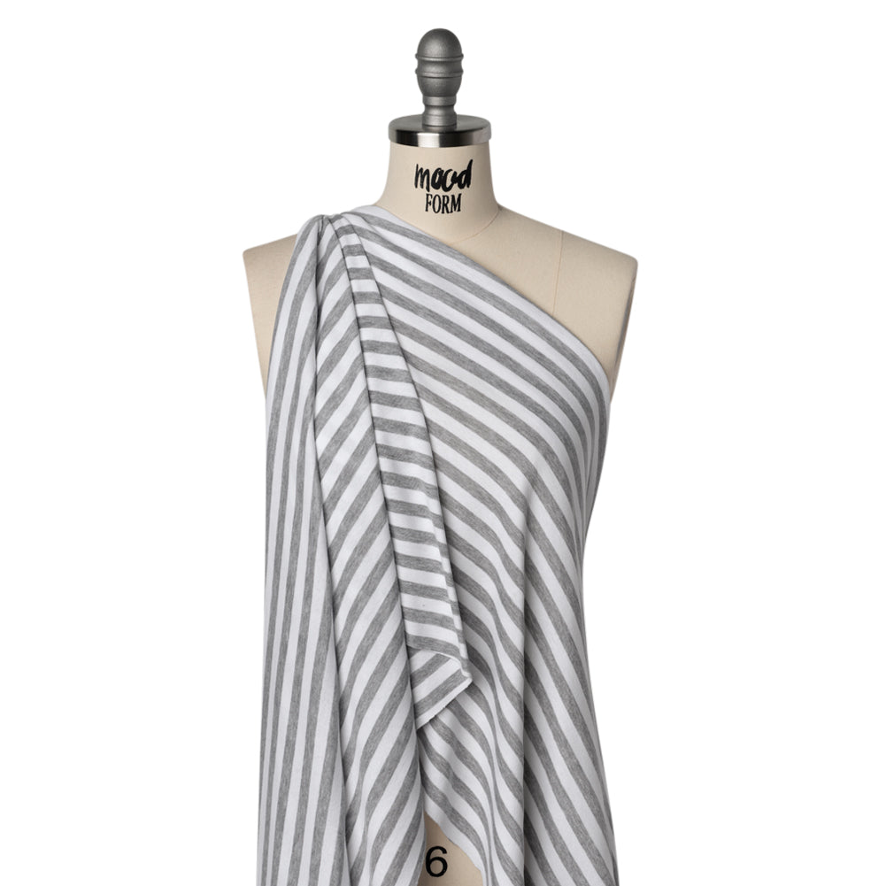 Cotton and Polyester 1x1 Rib Knit - Heathered Gray and White Stripes - Deadstock