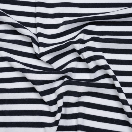 Cotton and Polyester 1x1 Rib Knit - Navy Blue and White Stripes - Deadstock