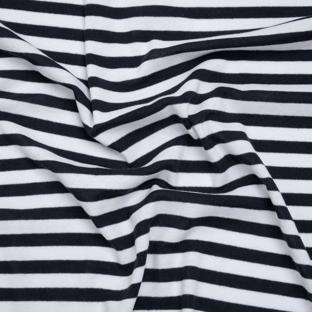 Cotton and Polyester 1x1 Rib Knit - Navy Blue and White Stripes - Deadstock