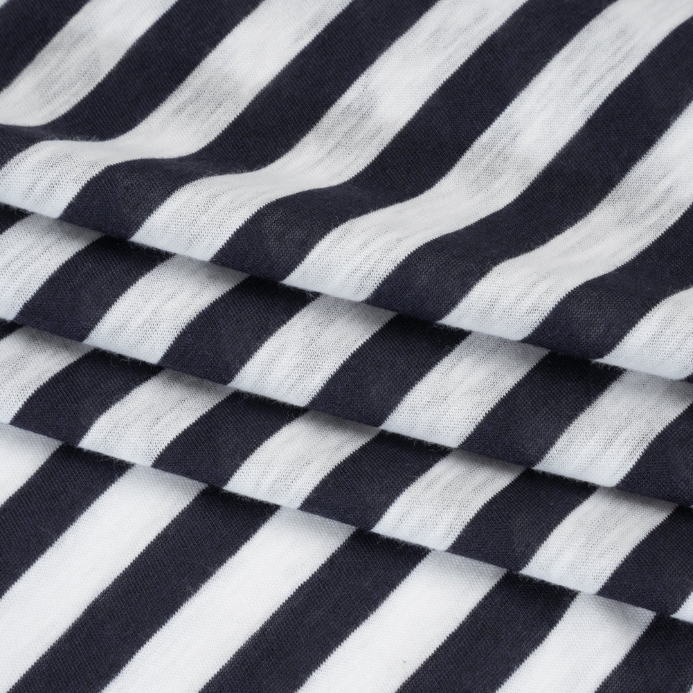 Lightweight Cotton and Polyester Jersey - Navy Blue and White Stripes - Deadstock