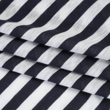Lightweight Cotton and Polyester Jersey - Navy Blue and White Stripes - Deadstock