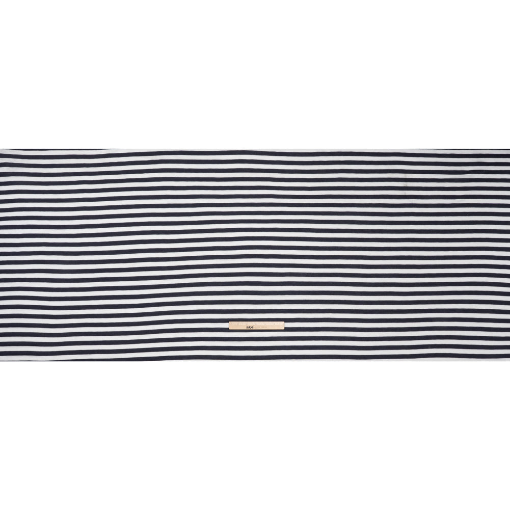 Lightweight Cotton and Polyester Jersey - Navy Blue and White Stripes - Deadstock