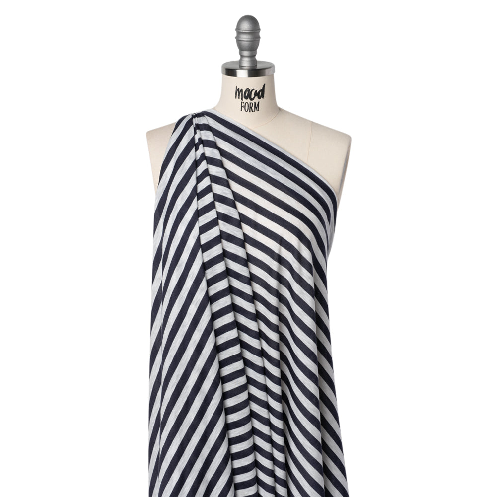 Lightweight Cotton and Polyester Jersey - Navy Blue and White Stripes - Deadstock