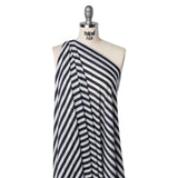 Lightweight Cotton and Polyester Jersey - Navy Blue and White Stripes - Deadstock
