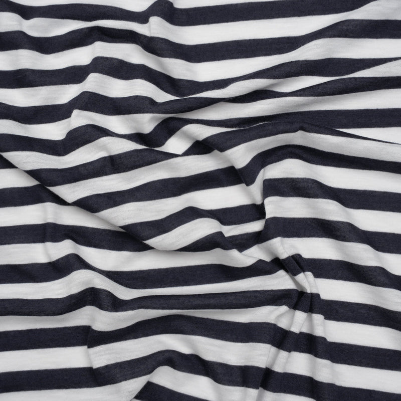 Lightweight Cotton and Polyester Jersey - Navy Blue and White Stripes - Deadstock