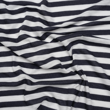 Lightweight Cotton and Polyester Jersey - Navy Blue and White Stripes - Deadstock