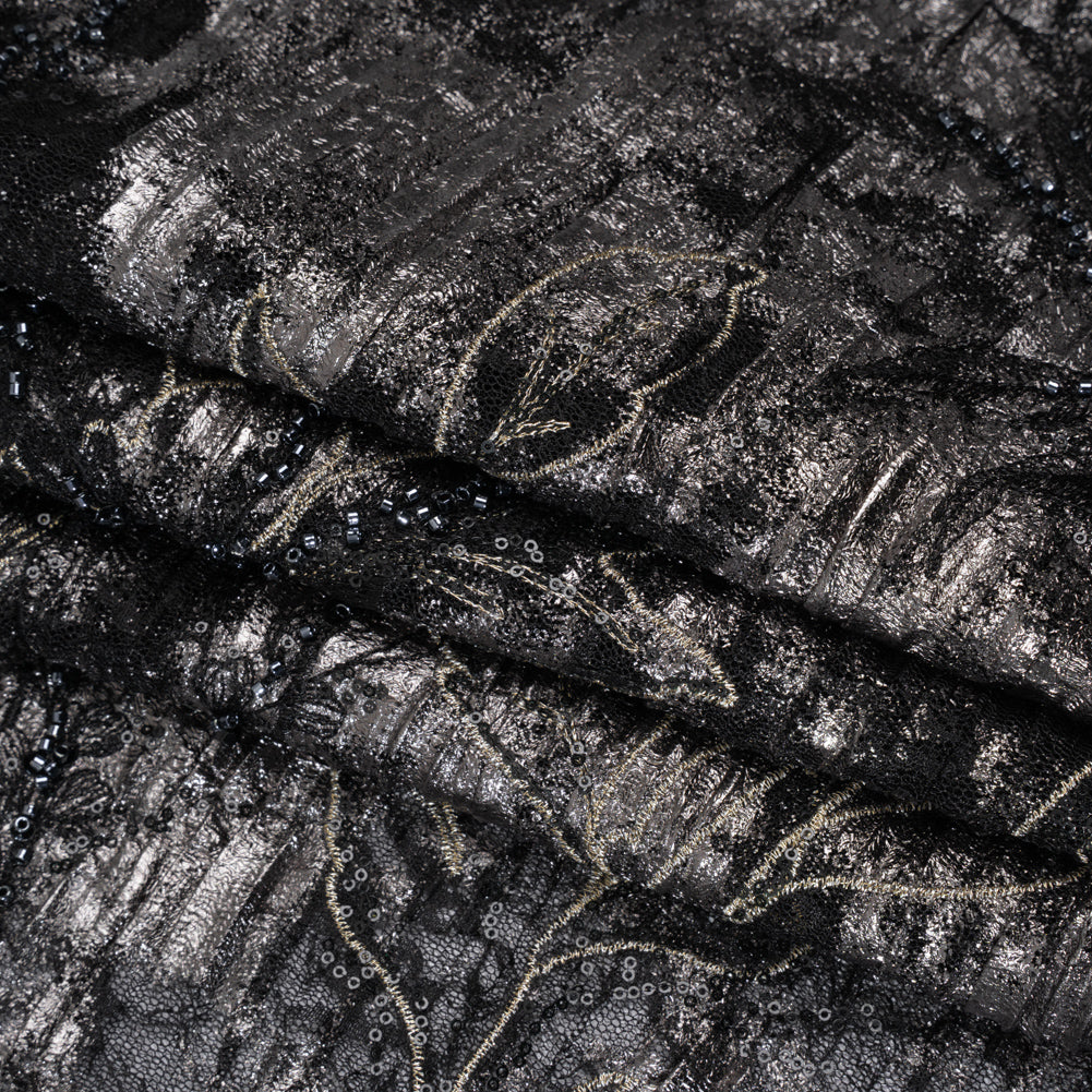 Metallic Foiled Plisse Lace with Embroidery and Beading on Tulle Backing - Black, Gunmetal and White Gold Trailing Leafy Vines