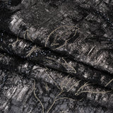 Metallic Foiled Plisse Lace with Embroidery and Beading on Tulle Backing - Black, Gunmetal and White Gold Trailing Leafy Vines
