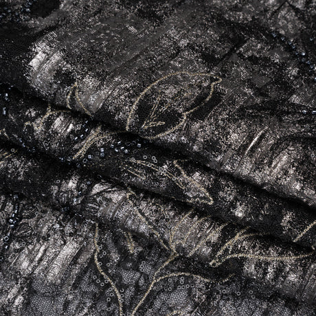Metallic Foiled Plisse Lace with Embroidery and Beading on Tulle Backing - Black, Gunmetal and White Gold Trailing Leafy Vines
