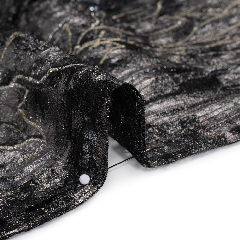 Metallic Foiled Plisse Lace with Embroidery and Beading on Tulle Backing - Black, Gunmetal and White Gold Trailing Leafy Vines