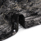 Metallic Foiled Plisse Lace with Embroidery and Beading on Tulle Backing - Black, Gunmetal and White Gold Trailing Leafy Vines