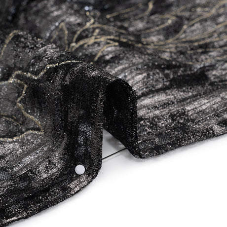 Metallic Foiled Plisse Lace with Embroidery and Beading on Tulle Backing - Black, Gunmetal and White Gold Trailing Leafy Vines