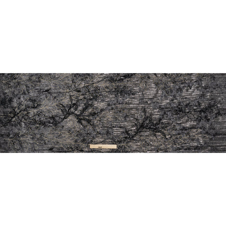 Metallic Foiled Plisse Lace with Embroidery and Beading on Tulle Backing - Black, Gunmetal and White Gold Trailing Leafy Vines