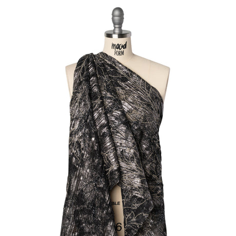 Metallic Foiled Plisse Lace with Embroidery and Beading on Tulle Backing - Black, Gunmetal and White Gold Trailing Leafy Vines