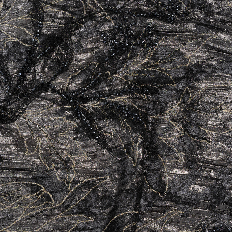 Metallic Foiled Plisse Lace with Embroidery and Beading on Tulle Backing - Black, Gunmetal and White Gold Trailing Leafy Vines