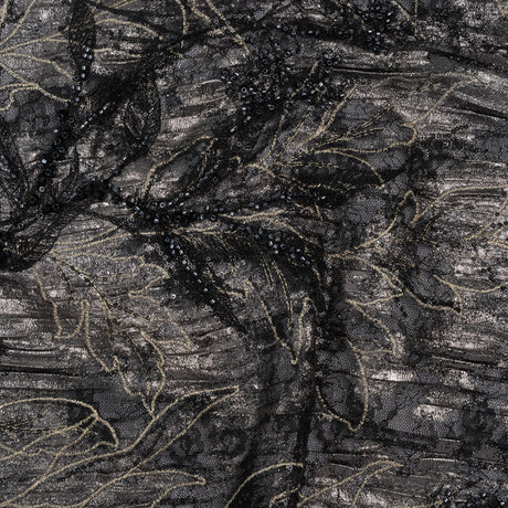 Metallic Foiled Plisse Lace with Embroidery and Beading on Tulle Backing - Black, Gunmetal and White Gold Trailing Leafy Vines