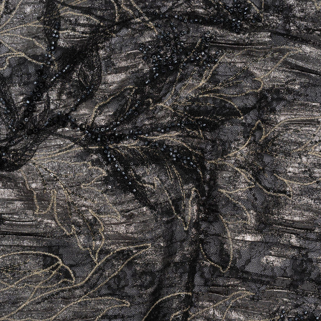 Metallic Foiled Plisse Lace with Embroidery and Beading on Tulle Backing - Black, Gunmetal and White Gold Trailing Leafy Vines