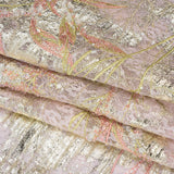 Metallic Foiled Plisse Lace with Embroidery and Beading on Tulle Backing - Light Pink and Gold Flowering Branches