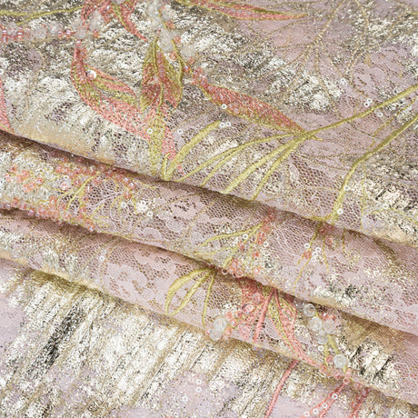 Metallic Foiled Plisse Lace with Embroidery and Beading on Tulle Backing - Light Pink and Gold Flowering Branches