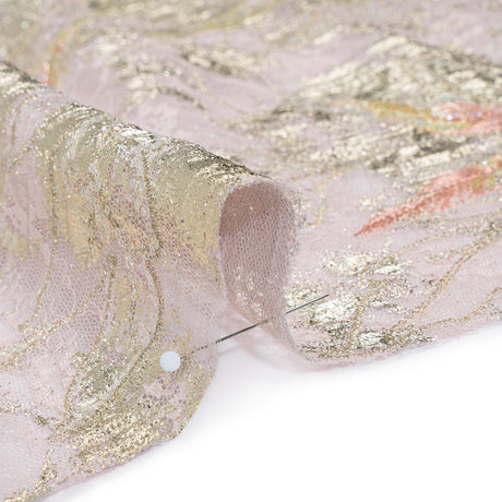 Metallic Foiled Plisse Lace with Embroidery and Beading on Tulle Backing - Light Pink and Gold Flowering Branches