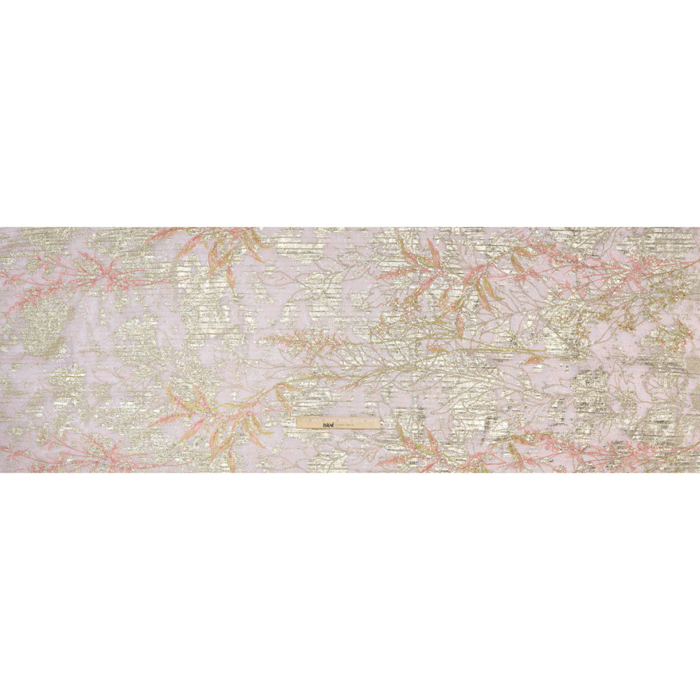 Metallic Foiled Plisse Lace with Embroidery and Beading on Tulle Backing - Light Pink and Gold Flowering Branches