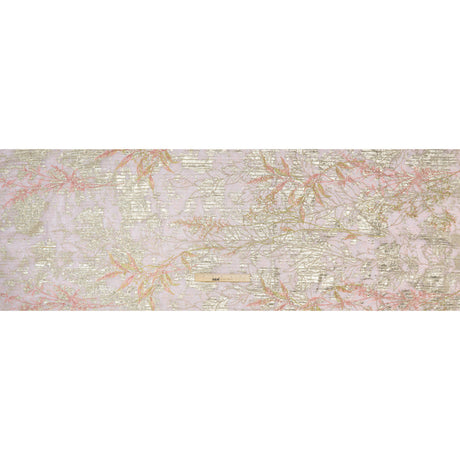 Metallic Foiled Plisse Lace with Embroidery and Beading on Tulle Backing - Light Pink and Gold Flowering Branches