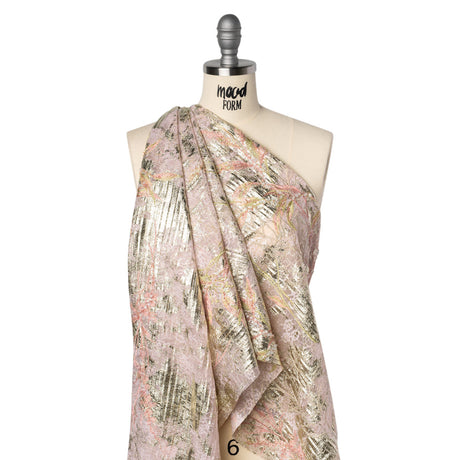 Metallic Foiled Plisse Lace with Embroidery and Beading on Tulle Backing - Light Pink and Gold Flowering Branches