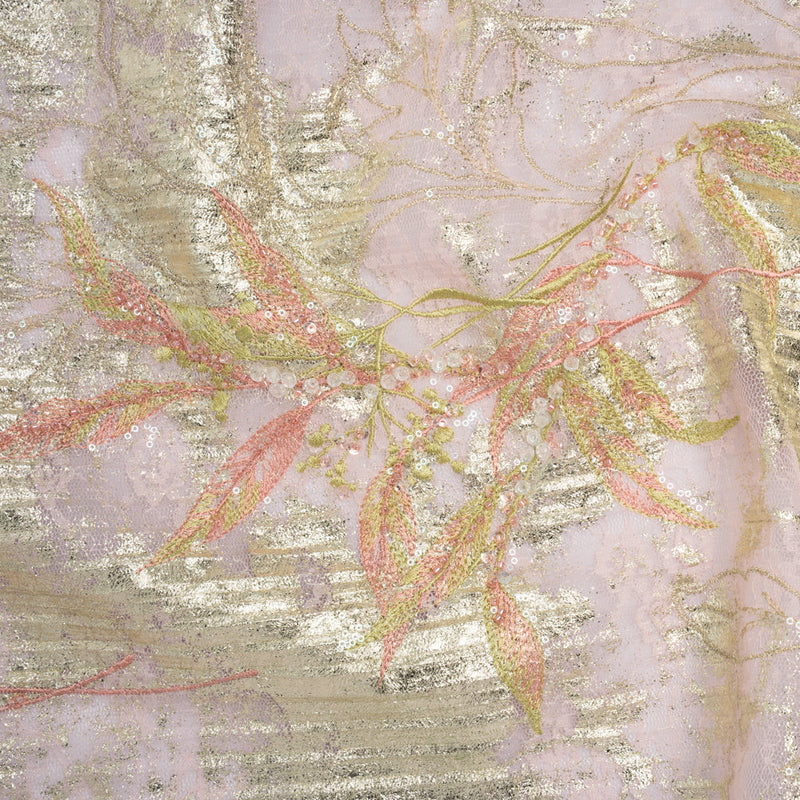 Metallic Foiled Plisse Lace with Embroidery and Beading on Tulle Backing - Light Pink and Gold Flowering Branches