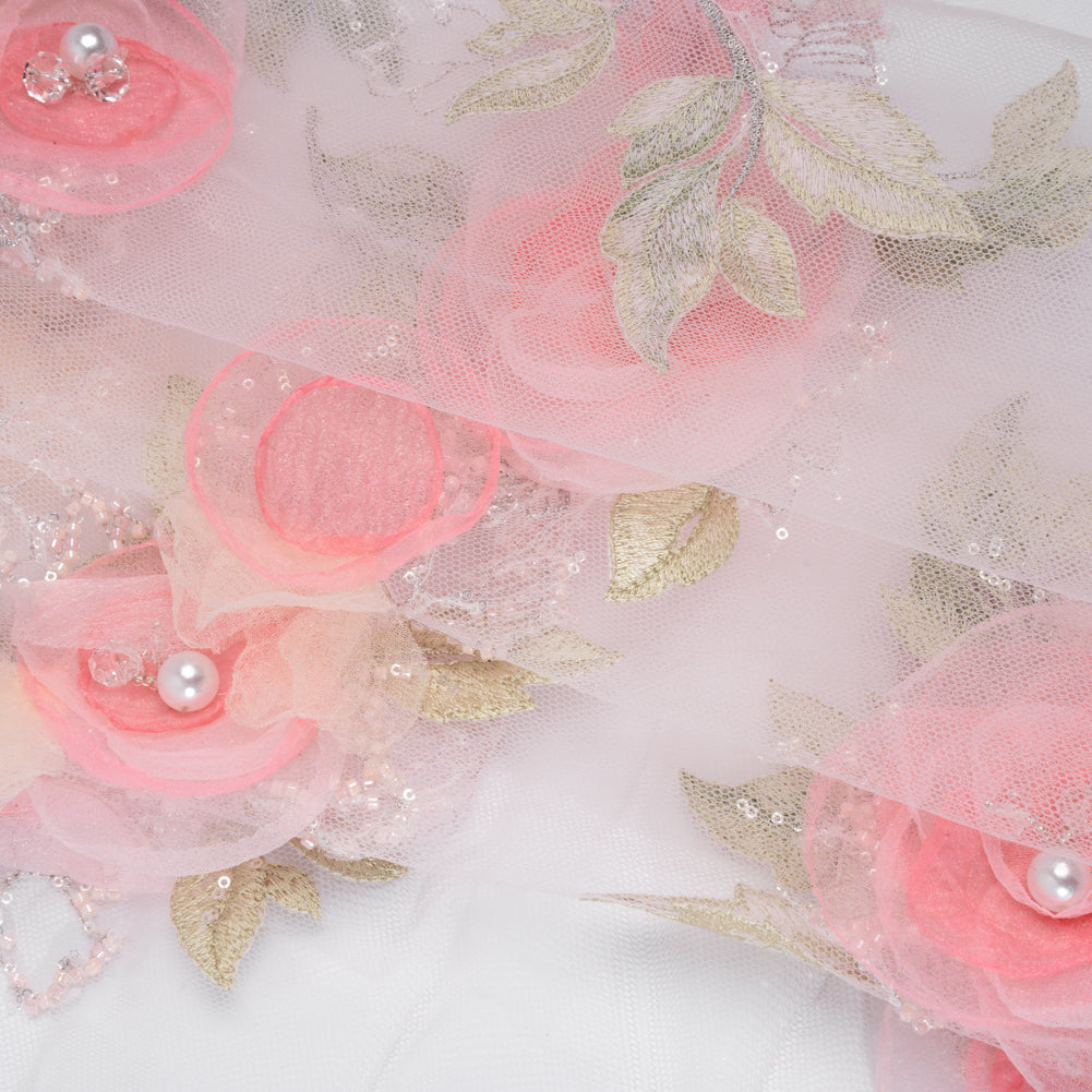 Embroidered and Beaded Tulle with 3D Fabric and Ribbon Flowers - Pink, Silver and Green Floral