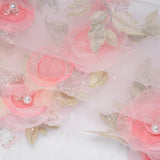 Embroidered and Beaded Tulle with 3D Fabric and Ribbon Flowers - Pink, Silver and Green Floral