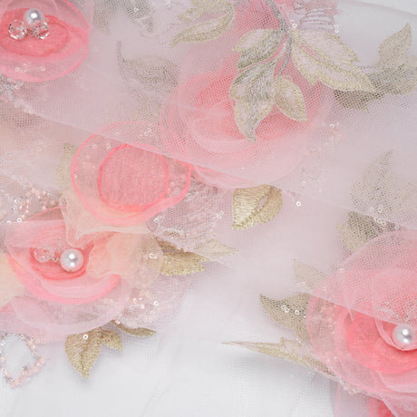 Embroidered and Beaded Tulle with 3D Fabric and Ribbon Flowers - Pink, Silver and Green Floral